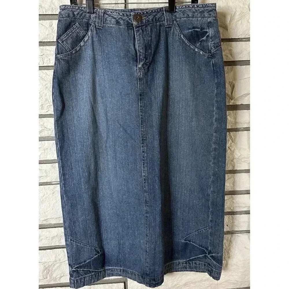 French Cuff Women's Size 12 blue Denim A Line Midi Skirt Vintage
